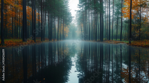 Urokliwy, spokojny widok na las z lustrzanym odbiciem w wodzie otoczonym wysokimi drzewami, w jesiennej porze, z delikatną mgłą tworzącą mistyczną atmosferę.