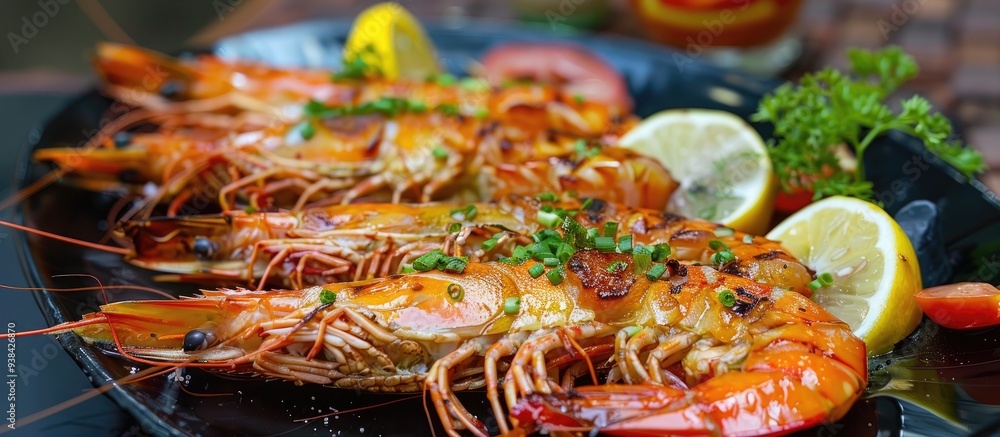 Barbecue Big Tiger Prawn In Restaurant Barbecue Big Tiger Prawn In Restaurant