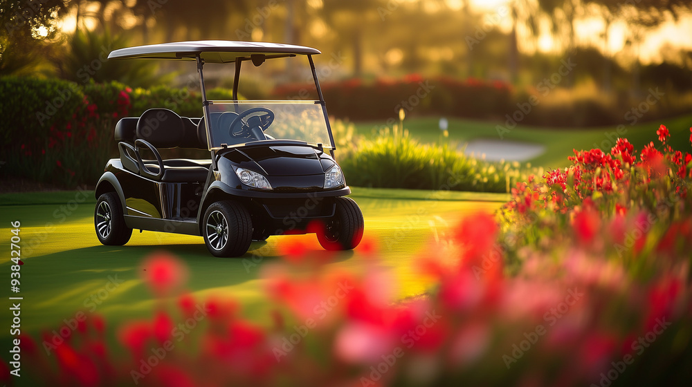 Nowoczesny czarny wózek golfowy stojący na zadbanym zielonym polu golfowym, otoczony czerwonymi kwiatami i gęstą roślinnością. Nowoczesny czarny wózek golfowy stojący na zadbanym zielonym polu golfowym, otoczony czerwonymi kwiatami i gęstą roślinnością.