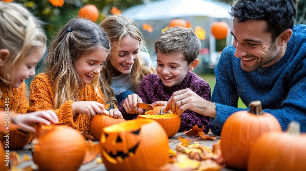 Parents and children carving pumpkins together at an outdoor table, surrounded by fallen leaves and Halloween decorations. Smiles and joy highlight the seasonal activity.
Parents and children carving pumpkins together at an outdoor table, surrounded by fallen leaves and Halloween decorations. Smiles and joy highlight the seasonal activity.