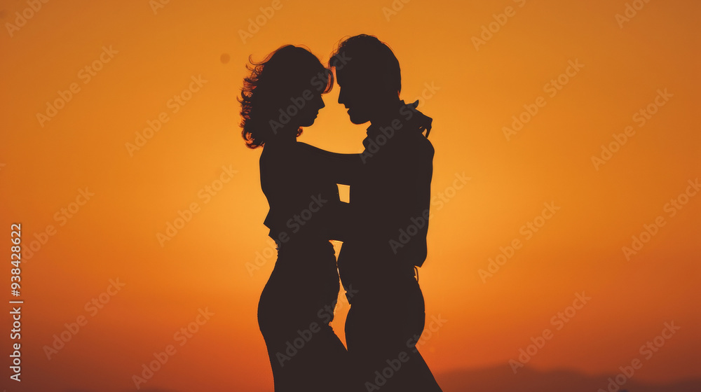 Man and woman silhouette dancing one facing the other Man and woman silhouette dancing one facing the other