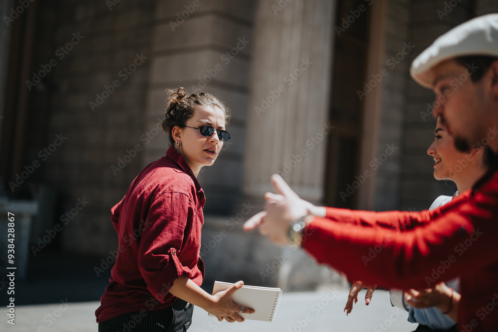 Fototapeta premium Young businesspeople meeting outdoors, discussing ideas and working collaboratively. An informal outdoor setting with a focus on teamwork.