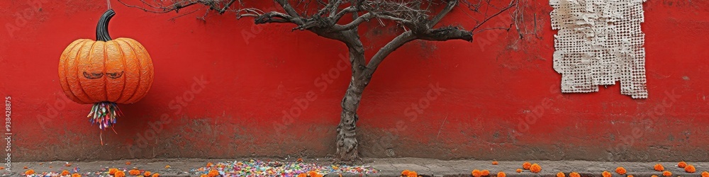 Rustic autumn scene with pumpkin on red wall, bare tree silhouette, cracked plaster, evocative fall atmosphere and seasonal decor Rustic autumn scene with pumpkin on red wall, bare tree silhouette, cracked plaster, evocative fall atmosphere and seasonal decor