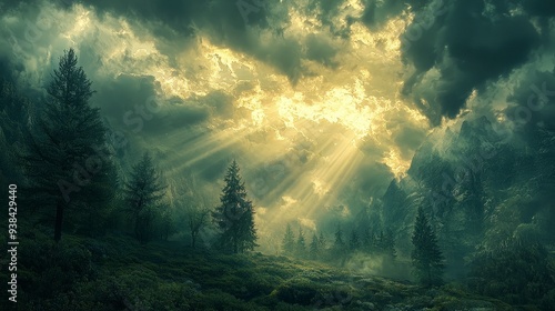 Sunlight breaks through dramatic clouds over a misty, mountainous landscape.