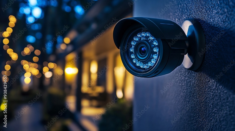 Advanced Home Security Camera Monitoring a Modern House at Night Advanced Home Security Camera Monitoring a Modern House at Night