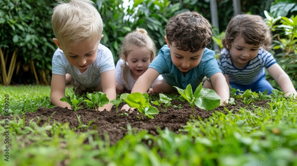 Fototapeta premium Four diverse young children smiling while planting small green seedlings in a garden soil bed on a lush green lawn.