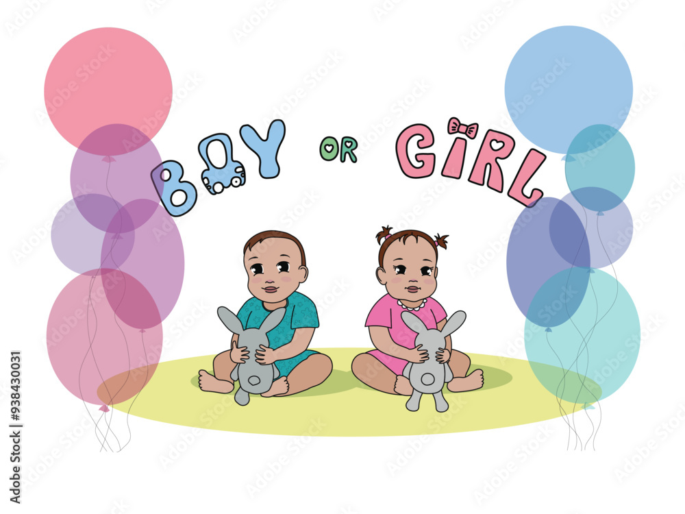 Baby boy and girl with balloons background vector illustration. Hand drawn lettering of words BOY and GIRL. Isolated on white. Design for gender party and baby shower greeting cards, backgrounds.