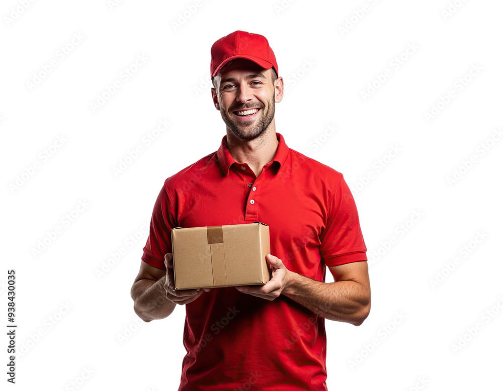 Red-Shirted Delivery Man with Parcel in Hand, Studio Lit Background png Red-Shirted Delivery Man with Parcel in Hand, Studio Lit Background png