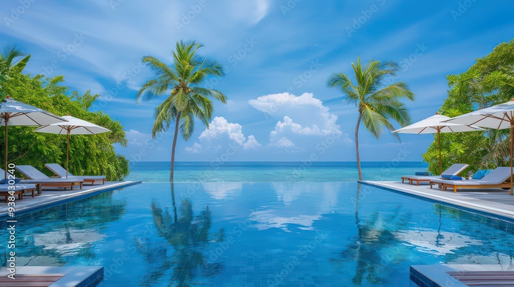 Naklejka premium A resort pool with lounge chairs and umbrellas, overlooking the blue ocean.