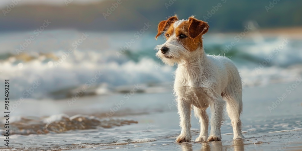 Terrier standing on the shore in the surf Terrier standing on the shore in the surf