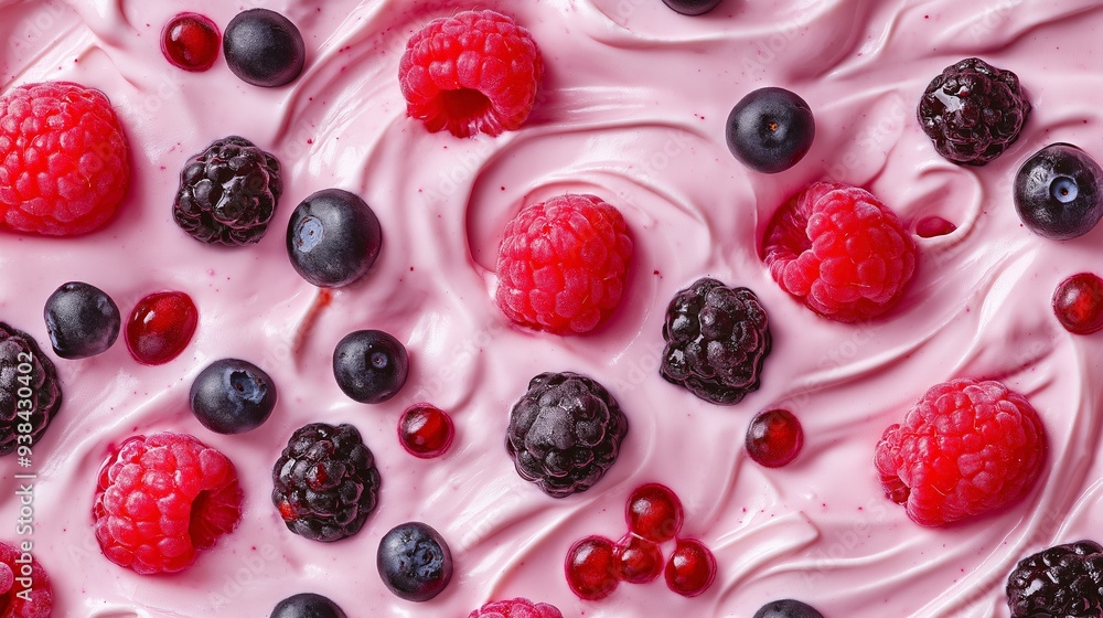 Close-up of pink yogurt with raspberries, blueberries, and blackberries. Close-up of pink yogurt with raspberries, blueberries, and blackberries.