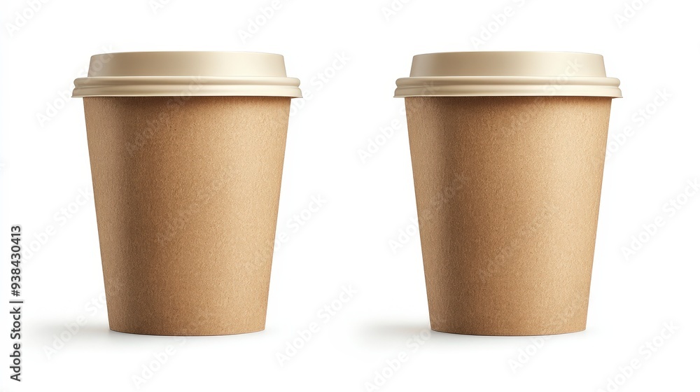 Two brown paper coffee cups with lids isolated on white background. Two brown paper coffee cups with lids isolated on white background.