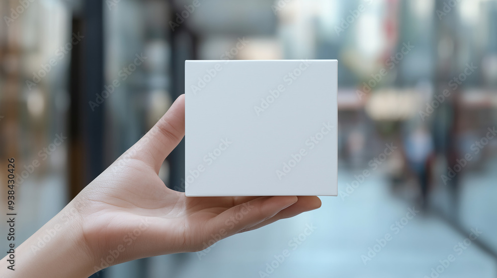 Close-up of empty white box mockup in hand, blurry background of shops in the background. Close-up of empty white box mockup in hand, blurry background of shops in the background.