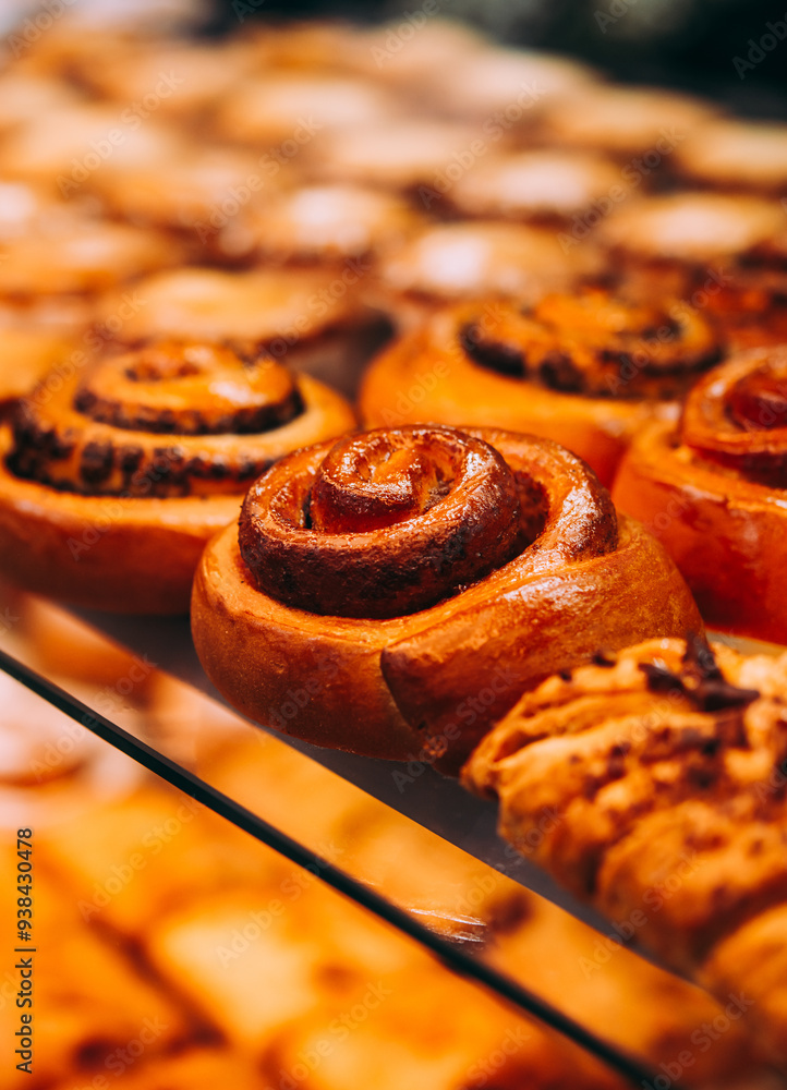 Different kinds of fresh pastry, buns and cinnamon rolls on sale at a bakery or a cafe.