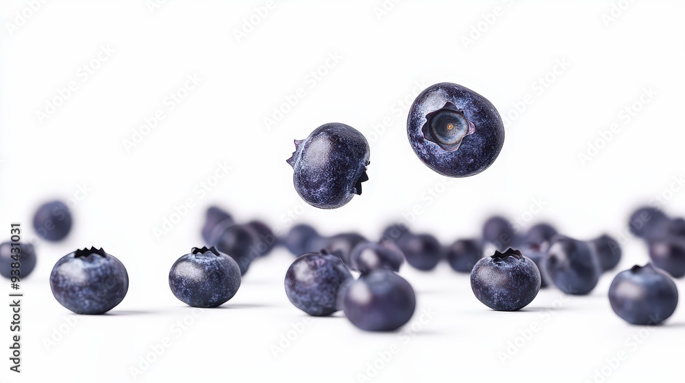 Close-up of fresh blueberries with one flying in mid-air, against a white background. Close-up of fresh blueberries with one flying in mid-air, against a white background.