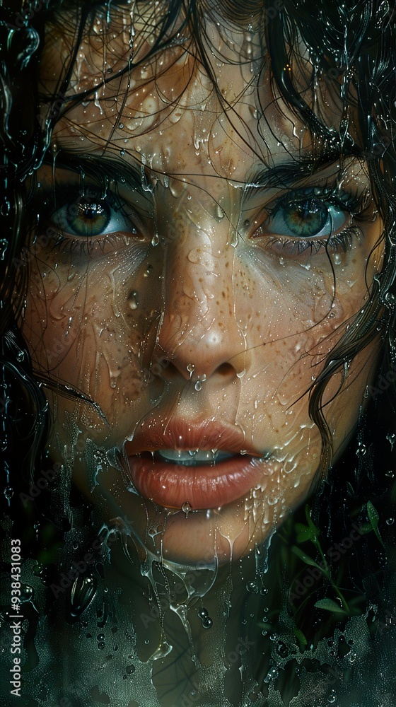 Close-Up Portrait of a Woman with Wet Hair and Droplets of Water Close-Up Portrait of a Woman with Wet Hair and Droplets of Water