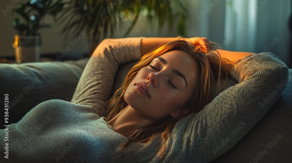 Pretty woman sprawled on a sofa, relaxed and tranquil after a sleepless night, taking time to unwind and recharge at home. Pretty woman sprawled on a sofa, relaxed and tranquil after a sleepless night, taking time to unwind and recharge at home.
