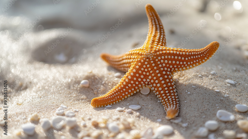 A starfish resting on sandy beach, surrounded by small seashells, under warm sunlight, representing a peaceful seaside moment. A starfish resting on sandy beach, surrounded by small seashells, under warm sunlight, representing a peaceful seaside moment.