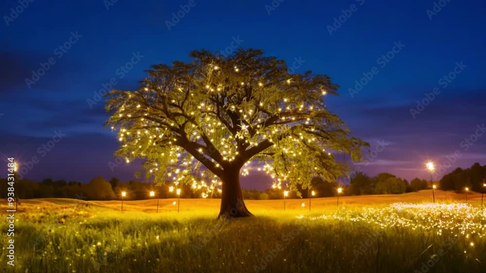 A majestic tree illuminated by fairy lights stands out in a twilight scene, casting a warm glow over the surrounding field. A majestic tree illuminated by fairy lights stands out in a twilight scene, casting a warm glow over the surrounding field.