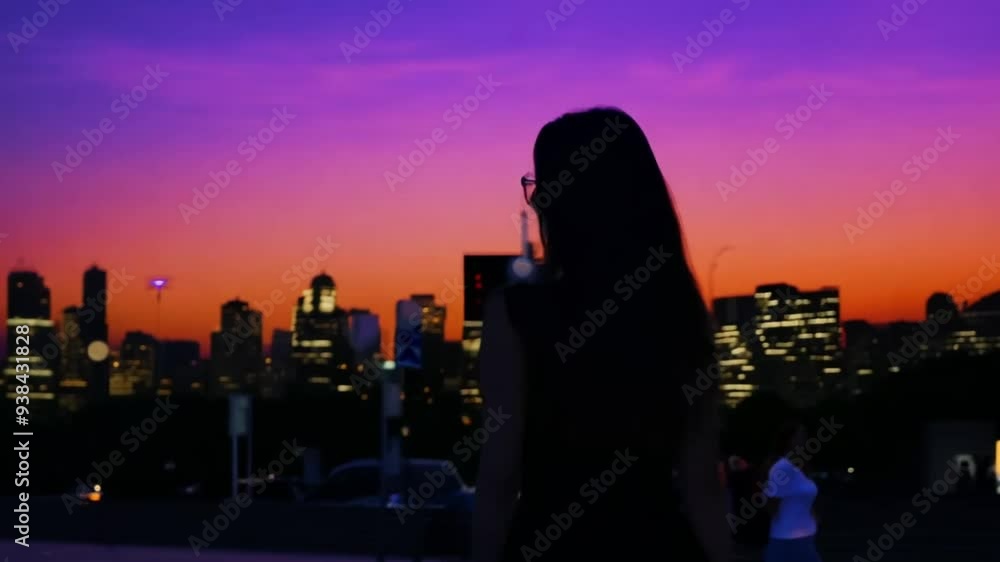 Silhouette of a woman gazing at a colorful sunset over a city skyline. Silhouette of a woman gazing at a colorful sunset over a city skyline.