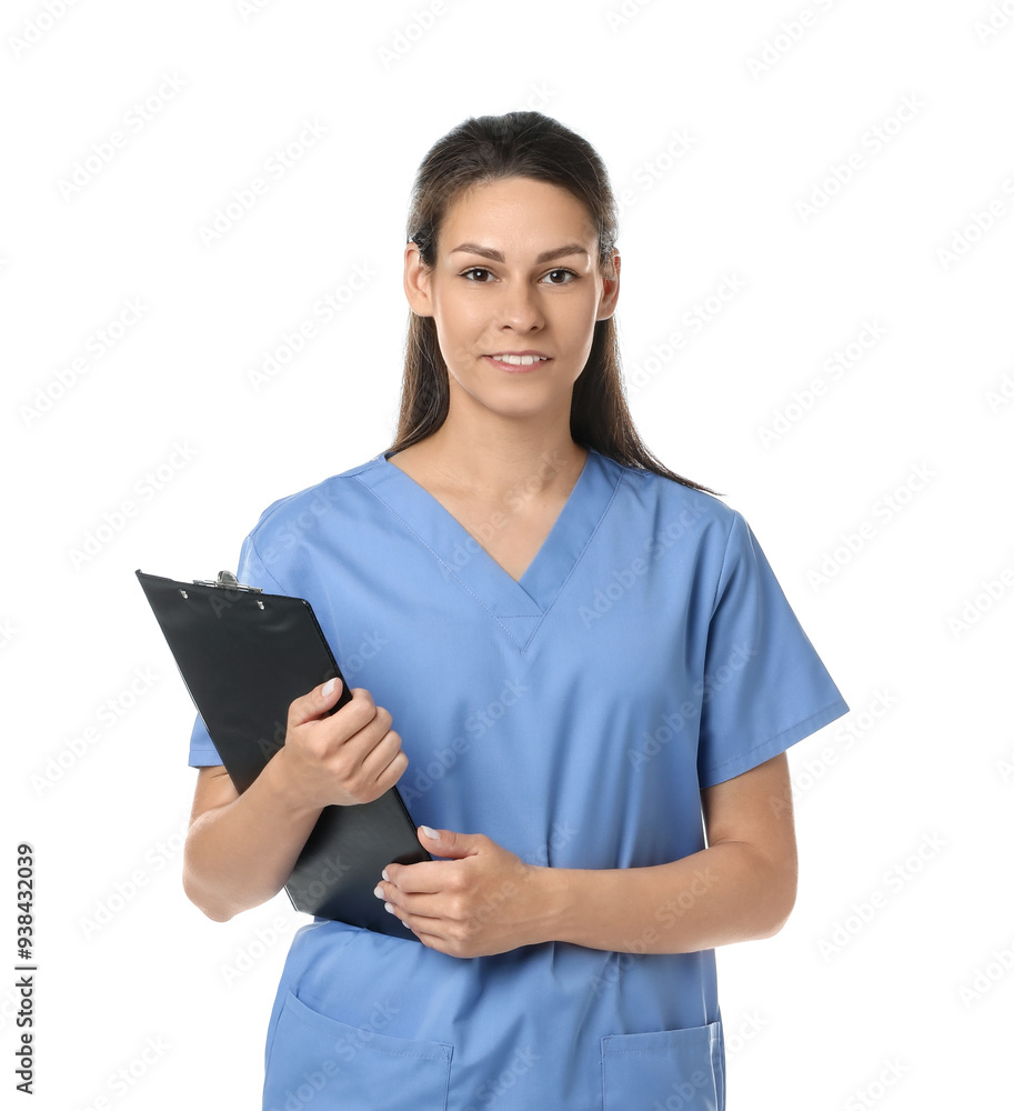 Portrait of smiling nurse with clipboard on white background Portrait of smiling nurse with clipboard on white background