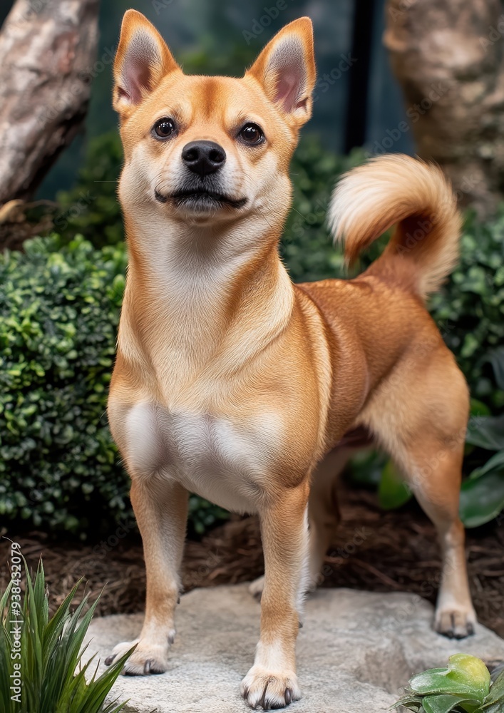 Alert and Confident Light Brown Small Dog Standing in a Garden Area with Green Plants and Trees, Showcasing Its Majestic Stance Alert and Confident Light Brown Small Dog Standing in a Garden Area with Green Plants and Trees, Showcasing Its Majestic Stance