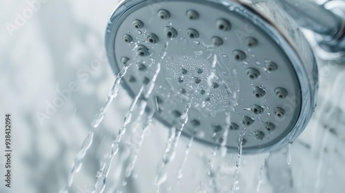 Close up of a shower head with water flowing from the nozzles.