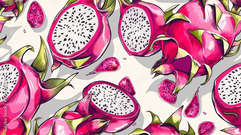 Seamless Pattern of Pink Dragon Fruits on a White Background. Seamless Pattern of Pink Dragon Fruits on a White Background.