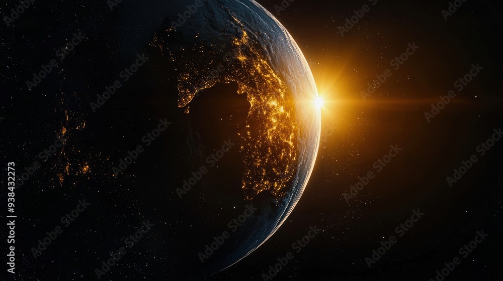 Fototapeta premium Realistic cosmic image of Earth rotating in space, with one half illuminated by the rising sun and the other half in darkness.