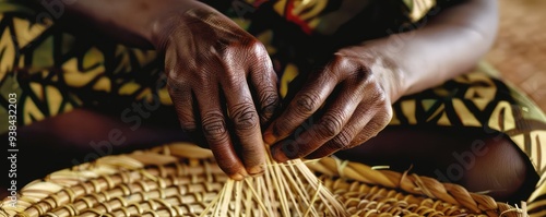 Hands weaving straw into a basket in traditional craft