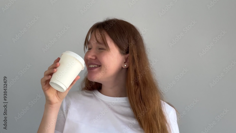 Happy young woman is drinking cup of coffee and having fun Happy young woman is drinking cup of coffee and having fun
