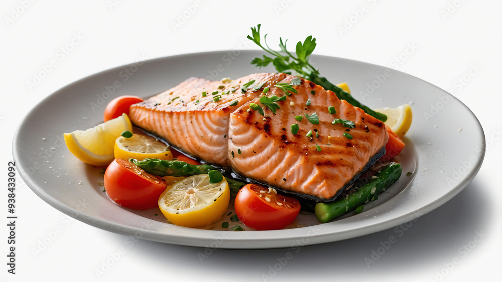 Grilled salmon sits on a plate, fresh floating vegetables fall onto the plate-5 Grilled salmon sits on a plate, fresh floating vegetables fall onto the plate-5