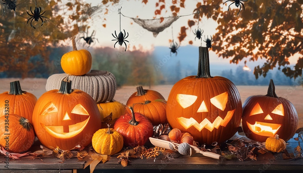Fototapeta premium Halloween jack-o-lantern glowing at dusk with spiders and autumn leaves in the background.