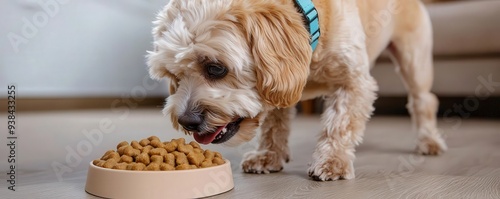 A playful dog enjoys its meal from a bowl in a cozy indoor setting, showcasing the bond between pets and their environment. photo