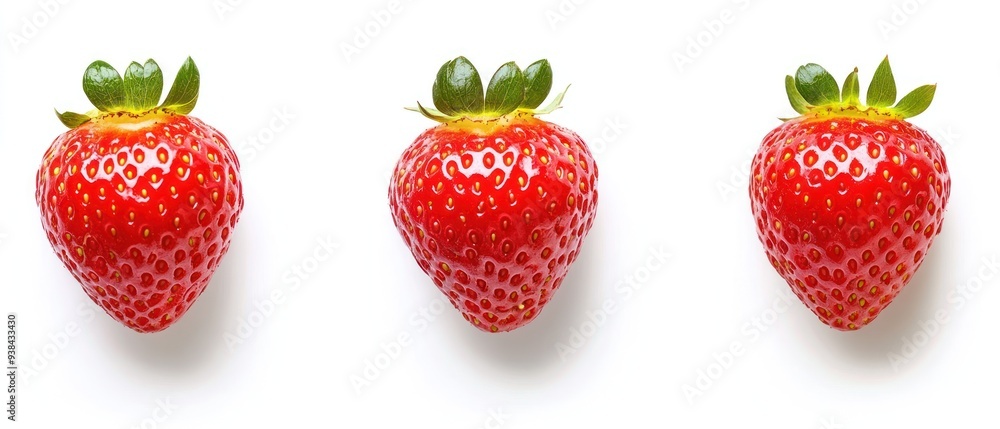 Three Red Strawberries with Green Leaves Three Red Strawberries with Green Leaves