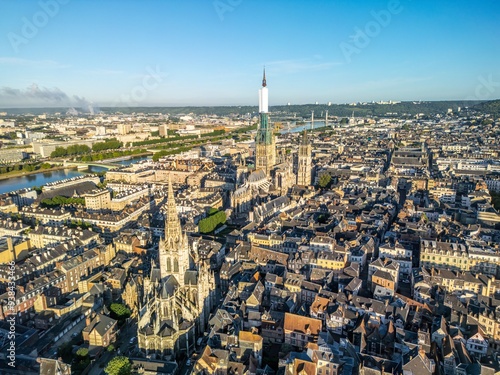 Fototapeta Naklejka Na Ścianę i Meble -  The drone aerial view of  Rouen Cathedral and old town of Rouen, Primate of Normandy, France. 