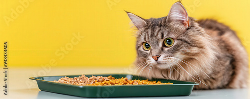 Fluffy cat curiously watching its food on a vibrant yellow background, highlighting the bond between pets and their meals. photo