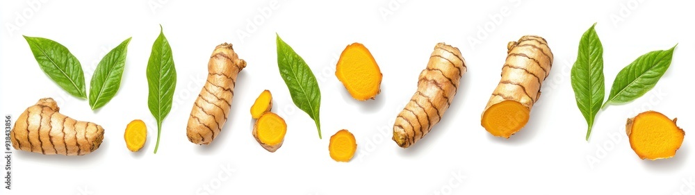 Turmeric Root and Leaves on White Background Turmeric Root and Leaves on White Background