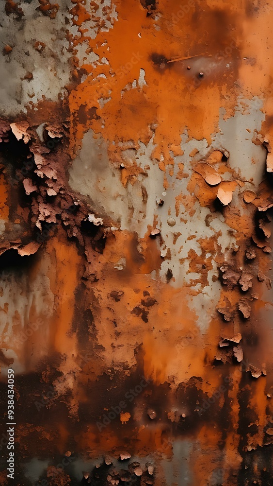 Fototapeta premium rusty, oxidized metal surface with peeling paint and rich orange-brown tones