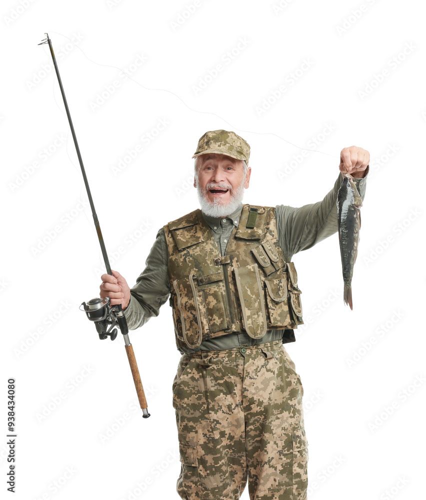 Fisherman with rod and catch on white background Fisherman with rod and catch on white background
