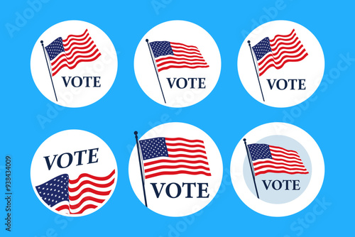 Vote buttons on election day. I voted sticker set. Circle vote bage or label.