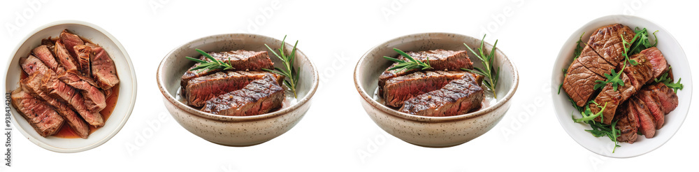 Grilled steak arrangements served with fresh herbs and garnishes on Transparent Background. Grilled steak arrangements served with fresh herbs and garnishes on Transparent Background.