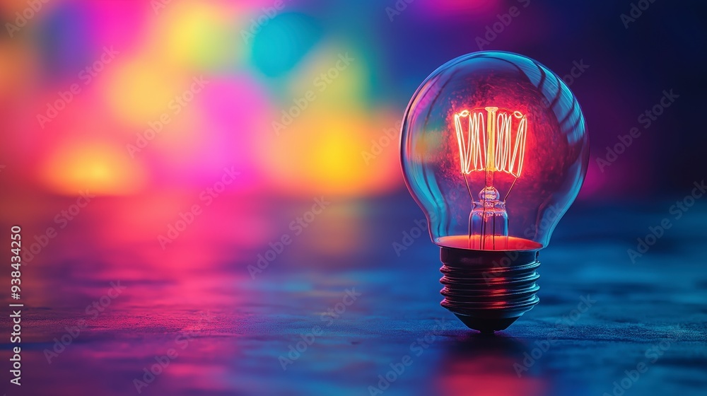A glowing lightbulb sits in the foreground with a colorful bokeh background.
