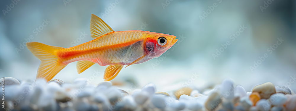 Small orange fish swimming in an aquarium with a pebbled bottom, showcasing its slender body and vibrant coloration in a calm, aquatic environment. Small orange fish swimming in an aquarium with a pebbled bottom, showcasing its slender body and vibrant coloration in a calm, aquatic environment.