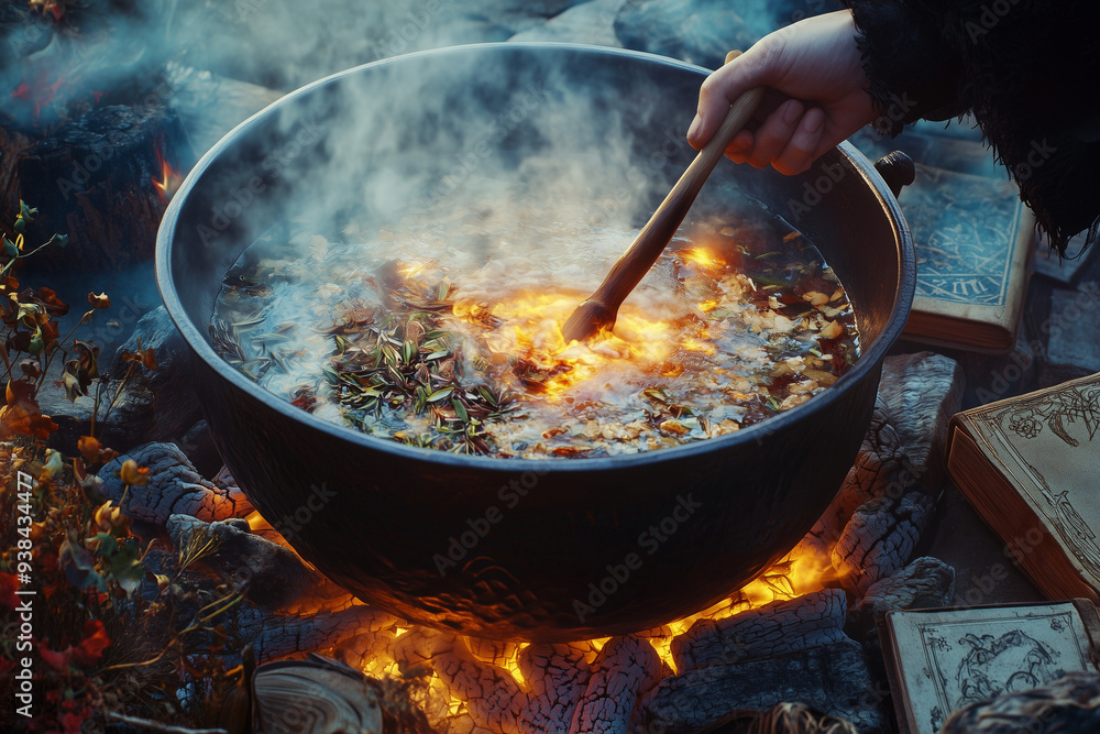 A large, steaming cauldron bubbles over an outdoor fire, surrounded by mysterious herbs, old books, and magical symbols. A hand stirs the cauldron, enhancing the mystical ambiance. A large, steaming cauldron bubbles over an outdoor fire, surrounded by mysterious herbs, old books, and magical symbols. A hand stirs the cauldron, enhancing the mystical ambiance.