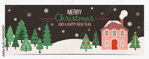 Christmas greetings banner with colorful winter landscape on dark gray background	
