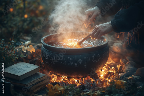 A large, steaming cauldron bubbles over an outdoor fire, surrounded by mysterious herbs, old books, and magical symbols. A hand stirs the cauldron, enhancing the mystical ambiance. photo