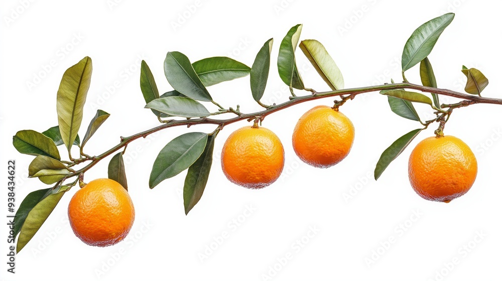 Four ripe oranges hanging on a branch with green leaves isolated on white background. Four ripe oranges hanging on a branch with green leaves isolated on white background.