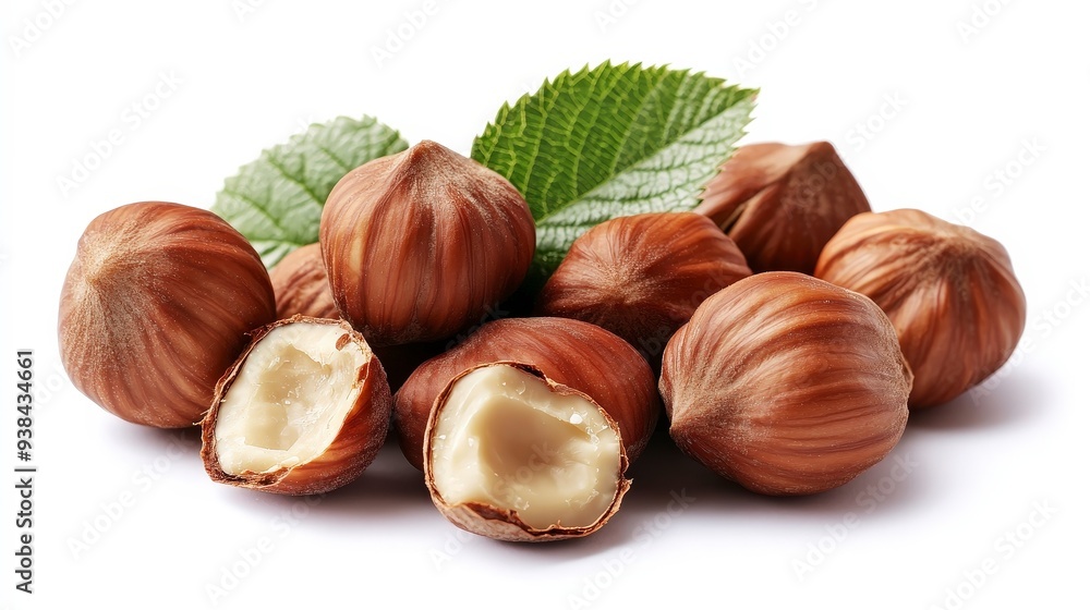 A group of hazelnuts with one broken open showing the nut inside, with a few green leaves behind them, on a white background. A group of hazelnuts with one broken open showing the nut inside, with a few green leaves behind them, on a white background.