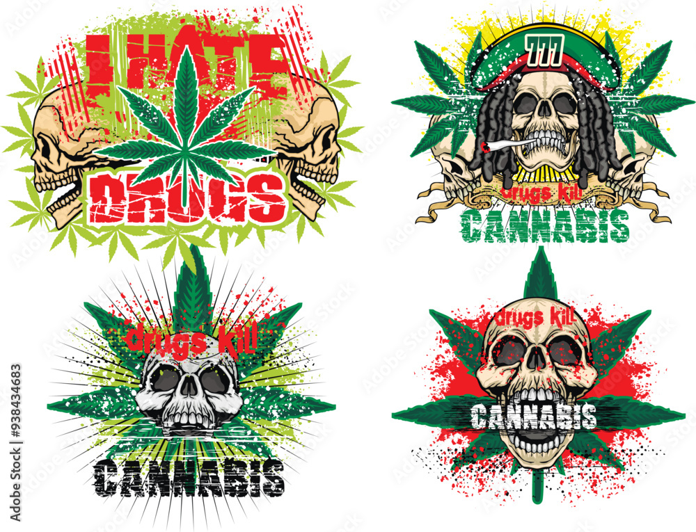 Obraz premium rastafarian sign with skull and cannabis leaf, grunge vintage design t shirts
